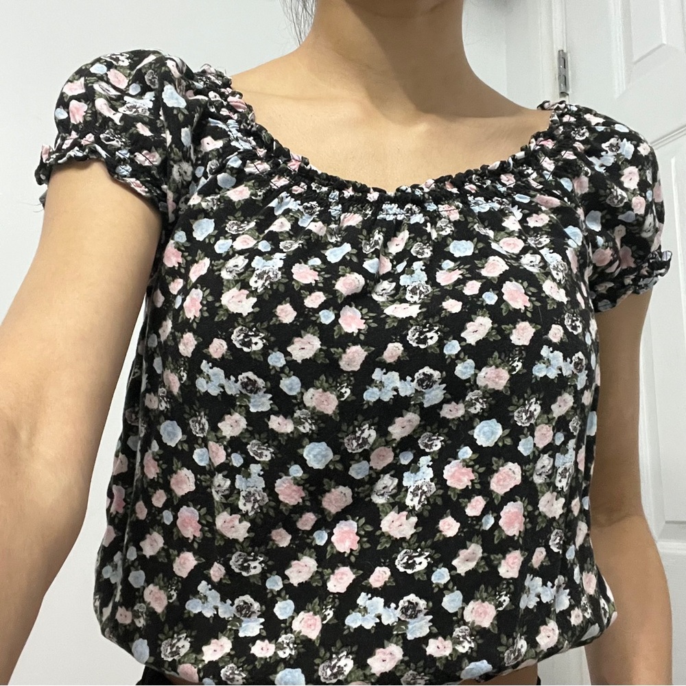 H&M Black Smocked Cap Sleeve Blouse